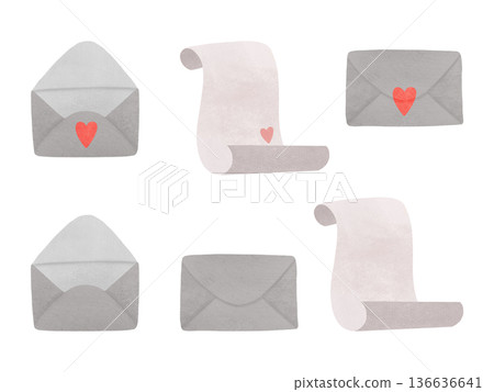Envelope, letter paper with a heart. Letter, message. Watercolor, pastel. Illustration in a simple flat style in light colors. Set of design elements for printing, prints, products, printed materials 136636641
