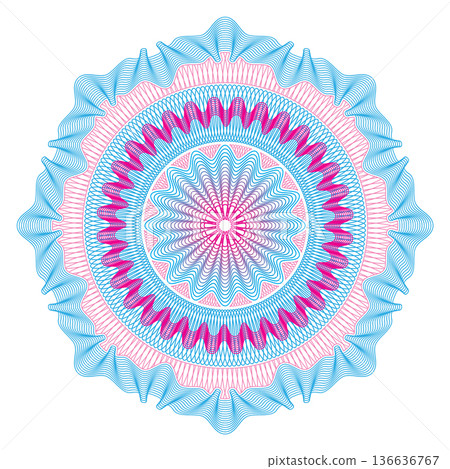 Linear rosette emblem. Color guilloche decorative element 136636767