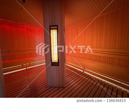 Infrared sauna cabin with central heaters and wooden floor. Heat therapy, recovery session, wellness routine, detox process, relaxation environment Infrared sauna cabin with central heaters and wooden floor. Heat therapy, recovery session, wellness routine, detox process, relaxation environment 136636815