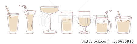 Cocktail Glassware Set. Mason Jar, Martini Coupe, Highball, glassful and Drinking Glasses with Straw. Isolated Minimalistic Outline Hand Drawings. Vector Illustration Cocktail Glassware Set. Mason Jar, Martini Coupe, Highball, glassful and Drinking Glasses with Straw. Isolated Minimalistic Outline Hand Drawings. Vector Illustration 136636916