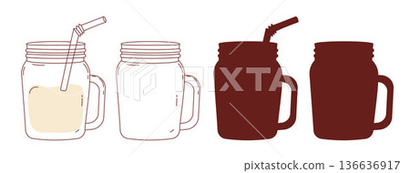 Glass Mason Jar Hand Drawn Set. Isolated Beverage Outline and Silhouette Variations Drawings. Vector Illustration 136636917