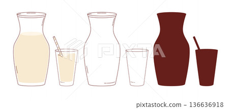 Glass Carafe and Drinking Vessel Set Isolated Outline and Silhouette Variations Hand Drawn. Vector Illustration Glass Carafe and Drinking Vessel Set Isolated Outline and Silhouette Variations Hand Drawn. Vector Illustration 136636918