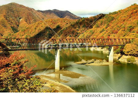 穿過湯西川橋，欣賞水庫湖畔的秋葉…搭乘Liberty會津特快列車[500系]，在美麗的秋色中前往南會津。 136637112