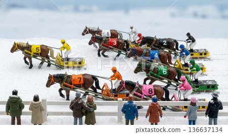 An exciting miniature Ban'ei horse race through the snowy landscape 136637134