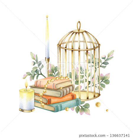 Vintage composition with old stack of book, burning candle, gold birdcage and leaves. Aesthetic elegant retro watercolor illustration isolated from background. Cozy still life for card, your design 136637141