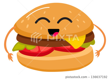 Cartoon burger character. Laughing hamburger funny mascot 136637192