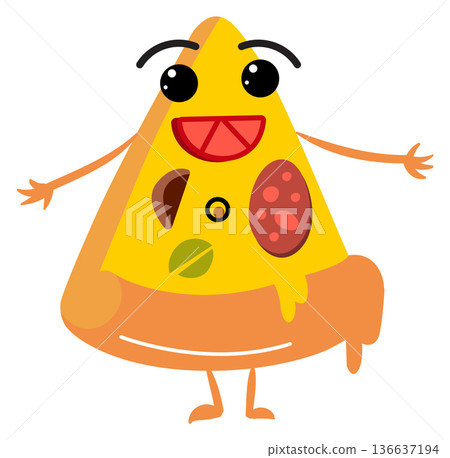 Happy pizza slice cartoon mascot. Food character Happy pizza slice cartoon mascot. Food character 136637194