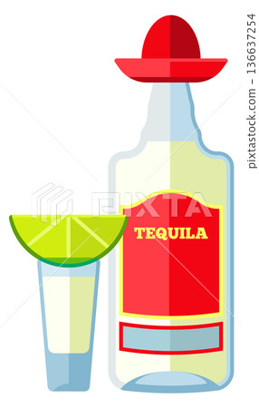 Tequila bottle with glass shot and lime slice. Cartoon mexican drink Tequila bottle with glass shot and lime slice. Cartoon mexican drink 136637254