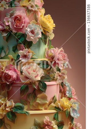 Elegant Multi-Tiered Wedding Cake Decorated with Intricate Sugar Paste Roses and Spring Flowers 136637386