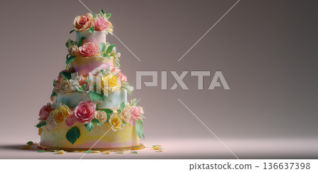 Elegant Multi-Tiered Wedding Cake Decorated with Realistic Edible Roses 136637398
