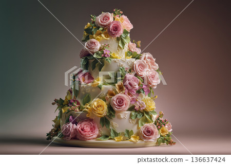 Four-Tiered White Wedding Cake Lavishly Decorated with Realistic Pink and Yellow Sugar Roses 136637424
