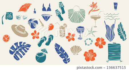Hand drawn summer vacation elements including tropical flowers, leaves, drinks, shells, spf, swimwear, suitcase, hat. line art style. Suitable for posters, packaging, web stickers Hand drawn summer vacation elements including tropical flowers, leaves, drinks, shells, spf, swimwear, suitcase, hat. line art style. Suitable for posters, packaging, web stickers 136637515