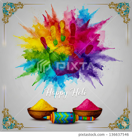 Colorful Holi Handprint with Powder Splatter and Traditional Bowls on Grey Background Colorful Holi Handprint with Powder Splatter and Traditional Bowls on Grey Background 136637546