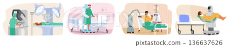 Smart healthcare automation, futuristic hospital equipment and robots in medicine cartoon scene set 136637626