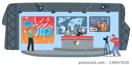 Professional television studio environment with weather and live TV news broadcasting show 136637630