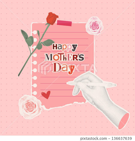Happy Mothers Day greeting card with hand writing on paper note and red rose Happy Mothers Day greeting card with hand writing on paper note and red rose 136637639