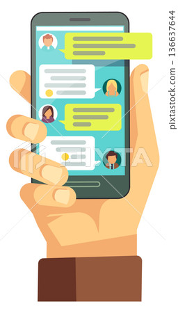 Chat app on phone screen in human hand color icon Chat app on phone screen in human hand color icon 136637644