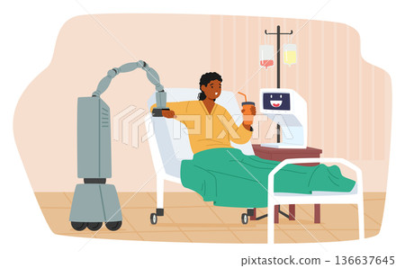 Smart robots monitoring health and providing assistance to patient in clinics cartoon scene Smart robots monitoring health and providing assistance to patient in clinics cartoon scene 136637645