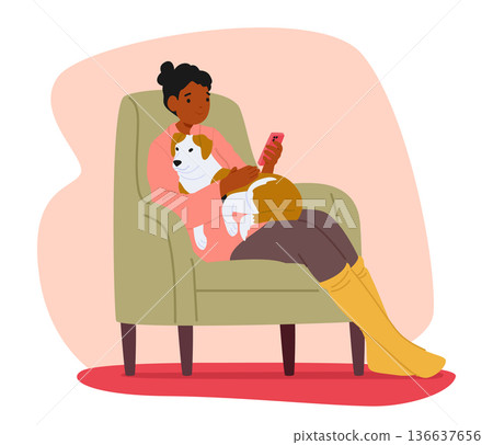 Young woman character surfing internet via smartphone while sitting on armchair with dog in hugs Young woman character surfing internet via smartphone while sitting on armchair with dog in hugs 136637656