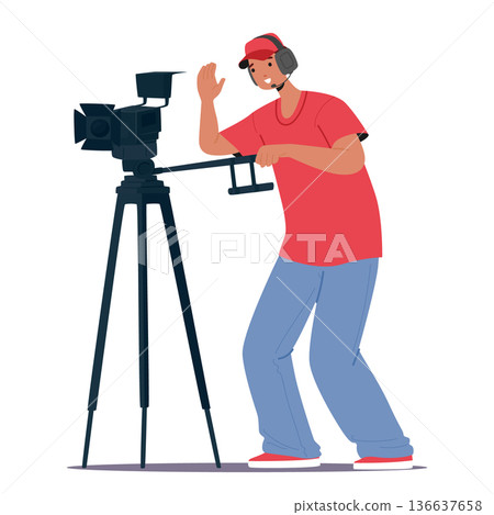 Professional cameraman character filming with video camera on tripod isolated on white background 136637658