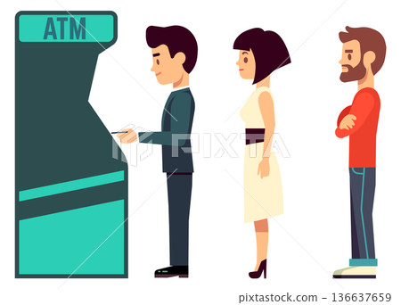 People stay in line to atm. Waiting bank clients 136637659