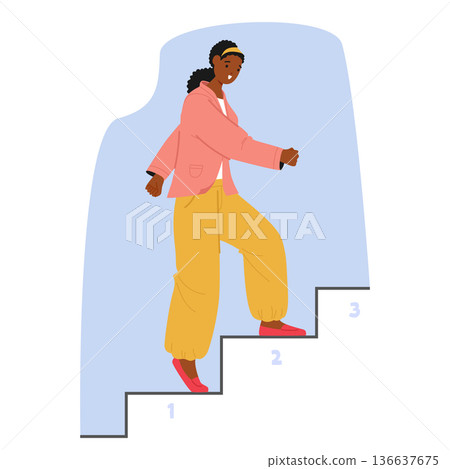 Woman walking up stairs representing linear mindset showing sequential thinking, step-by-step logic Woman walking up stairs representing linear mindset showing sequential thinking, step-by-step logic 136637675