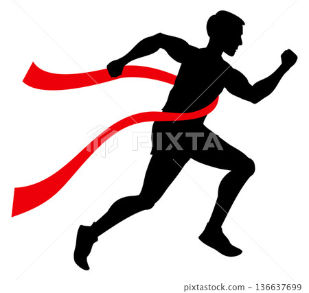 Running man crossing red ribbon black icon Running man crossing red ribbon black icon 136637699