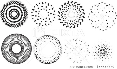 A collection of black halftone circle patterns and geometric radial dot ornaments isolated on a white background offering versatile design elements for modern graphic projects and creative digital ill 136637779