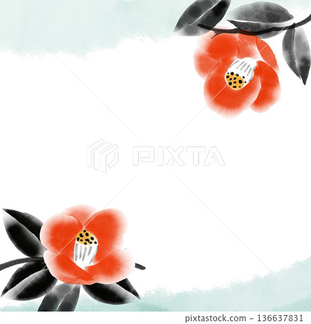Japanese-style ink painting camellia template | Brush-drawn botanical background and design material Japanese-style ink painting camellia template | Brush-drawn botanical background and design material 136637831
