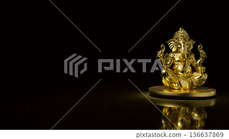 Golden Ganesha Statue on Dark Background 3d render. 136637869