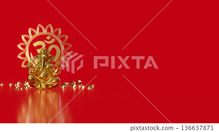 Golden Ganesha with Om Symbol on Red 3d render. Golden Ganesha with Om Symbol on Red 3d render. 136637871