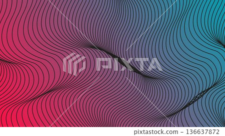 Modern abstract background with vibrant pink and teal gradient featuring dynamic black flowing wave lines and topographic halftone textures perfect for creative digital marketing and stylish landing p 136637872