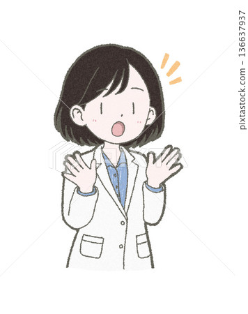 手繪插圖,一位身穿白大褂的女醫護人員驚訝地舉起雙手。 手繪插圖,一位身穿白大褂的女醫護人員驚訝地舉起雙手。 136637937