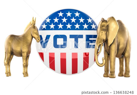 US vote badge with donkey and elephant election symbols, 3D rendering US vote badge with donkey and elephant election symbols, 3D rendering 136638248