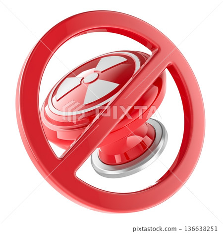 Red prohibition sign with nuclear launch button with radiation symbol, representing anti nuclear policy and ban, 3D rendering Red prohibition sign with nuclear launch button with radiation symbol, representing anti nuclear policy and ban, 3D rendering 136638251