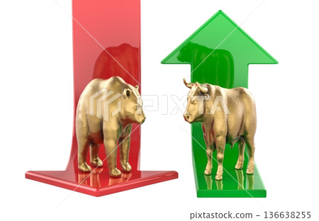 Bull and bear market concept with up and down arrows. Stock market trends, concept. 3d rendering Bull and bear market concept with up and down arrows. Stock market trends, concept. 3d rendering 136638255