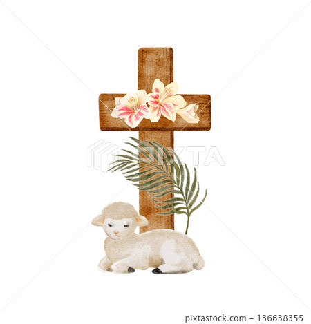 Lamb resting near wooden cross with lilies watercolor illustration on white, Christian Easter clip art ideal for church materials, religious prints, faith-based design, and worship visuals.Soft 136638355
