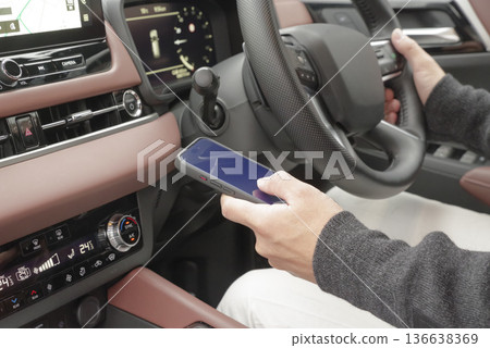 The hand of a man operating a smartphone in the driver's seat The hand of a man operating a smartphone in the driver's seat 136638369