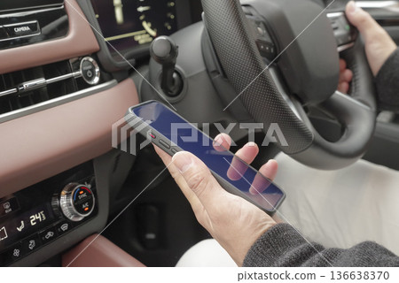 The hand of a man operating a smartphone in the driver's seat The hand of a man operating a smartphone in the driver's seat 136638370