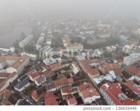 Dawn Illuminates City, Early Morning Fog Gently Highlights Lively Urban Market And Building Views Dawn Illuminates City, Early Morning Fog Gently Highlights Lively Urban Market And Building Views 136638446