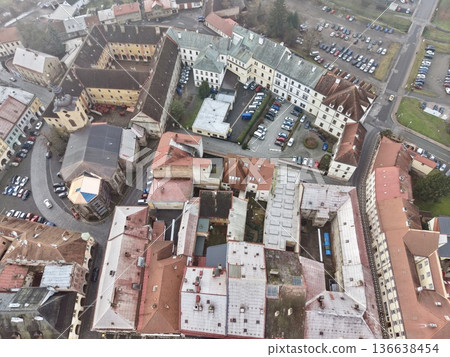 Suburban Aerial View, Aerial Perspective Showcasing Arrangement And Architecture Of Neighborhood Homes Suburban Aerial View, Aerial Perspective Showcasing Arrangement And Architecture Of Neighborhood Homes 136638454