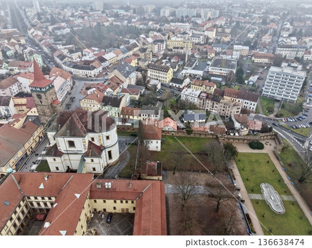 Cityscape With Diverse Structures, Panoramic Scene Displaying Mixed Architectural Styles Over City Grid 136638474