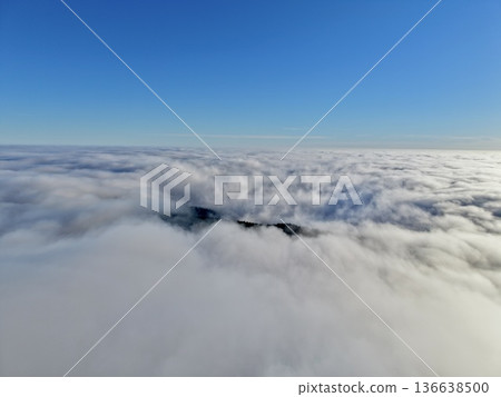 Peaks Seen Reaching Sky, Scenic Vistas Of Towering Mountain Peaks Visible Against Endless Blue Sky 136638500