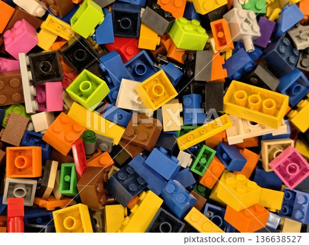 Colorful Brick Arrangement Lively, Brightly Painted Scattered Bricks Conveying Energetic Playful Chaos 136638527