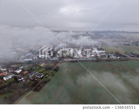 Suburban Fogscape Imagery, Calm And Foggy Suburban Fringe Showing Nature And Residential Structures 136638551