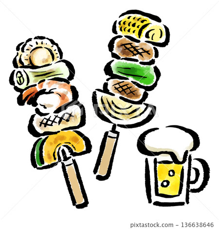 Barbecue skewers and beer brush-touch hand-drawn illustration 136638646