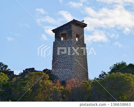 Ancient Stronghold Overlooks, Wornout Citadel Dominates Scenic Valley With Clear Skies And Soft Clouds Ancient Stronghold Overlooks, Wornout Citadel Dominates Scenic Valley With Clear Skies And Soft Clouds 136638663