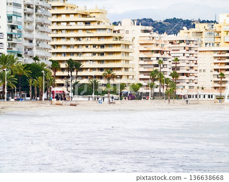 Beach Morning Calm, Sunny Coast With Gentle Surf, Peaceful Sandy Bay With Palm Trees Nearby Beach Morning Calm, Sunny Coast With Gentle Surf, Peaceful Sandy Bay With Palm Trees Nearby 136638668