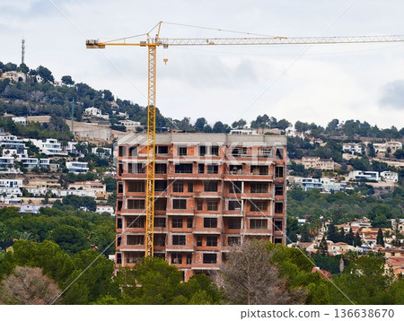 Construction Site Panorama, Skyline Under Construction Features Towering Cranes And Rising Buildings 136638670