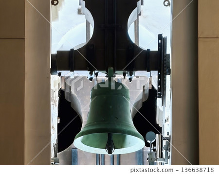 Ancient Bronze Bell Needs Repair, Old Belfry With Sunrise Light And Supporting Beams Longed For Renewal Ancient Bronze Bell Needs Repair, Old Belfry With Sunrise Light And Supporting Beams Longed For Renewal 136638718